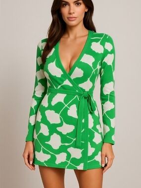 Diane von Furstenberg Green Floral Wrap Mini Dress